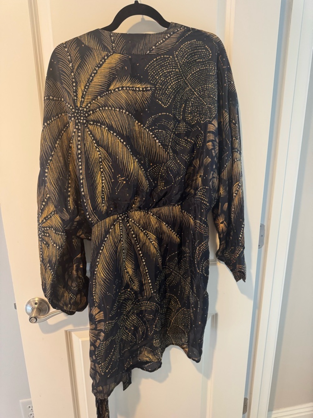Farm Rio Golden Foliage Black Mini Puffy Sleeve Dress | L - Picture 8 of 8